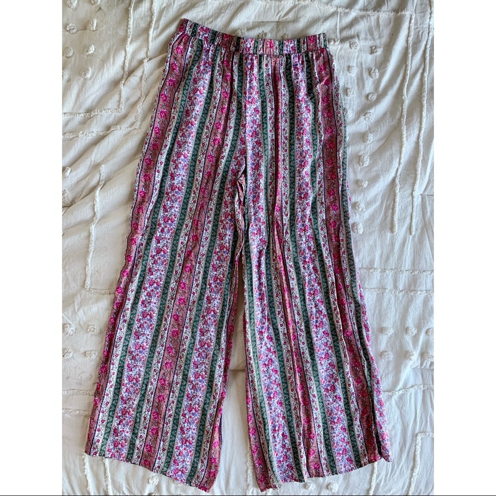 Pink, purple and white boho print stretchy hippie pants